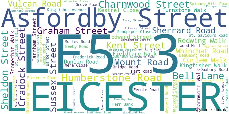 A word cloud for the LE5 3 postcode